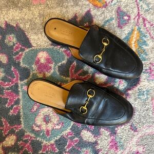 Gucci Black Leather Princeton Mules with Gold Hardware